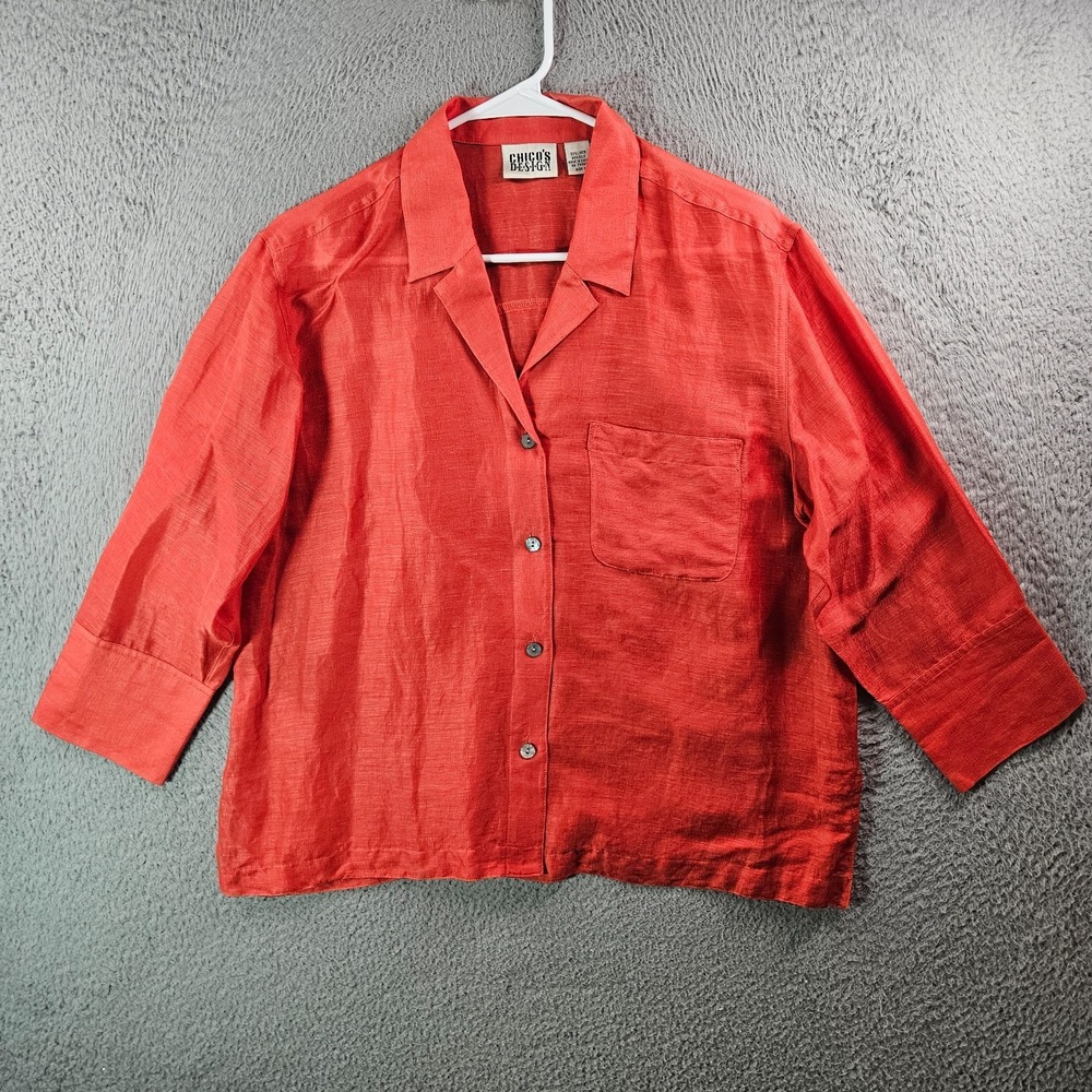 Chico's Shirt Top Women Size 1 Linen Silk Button Up Red Orange